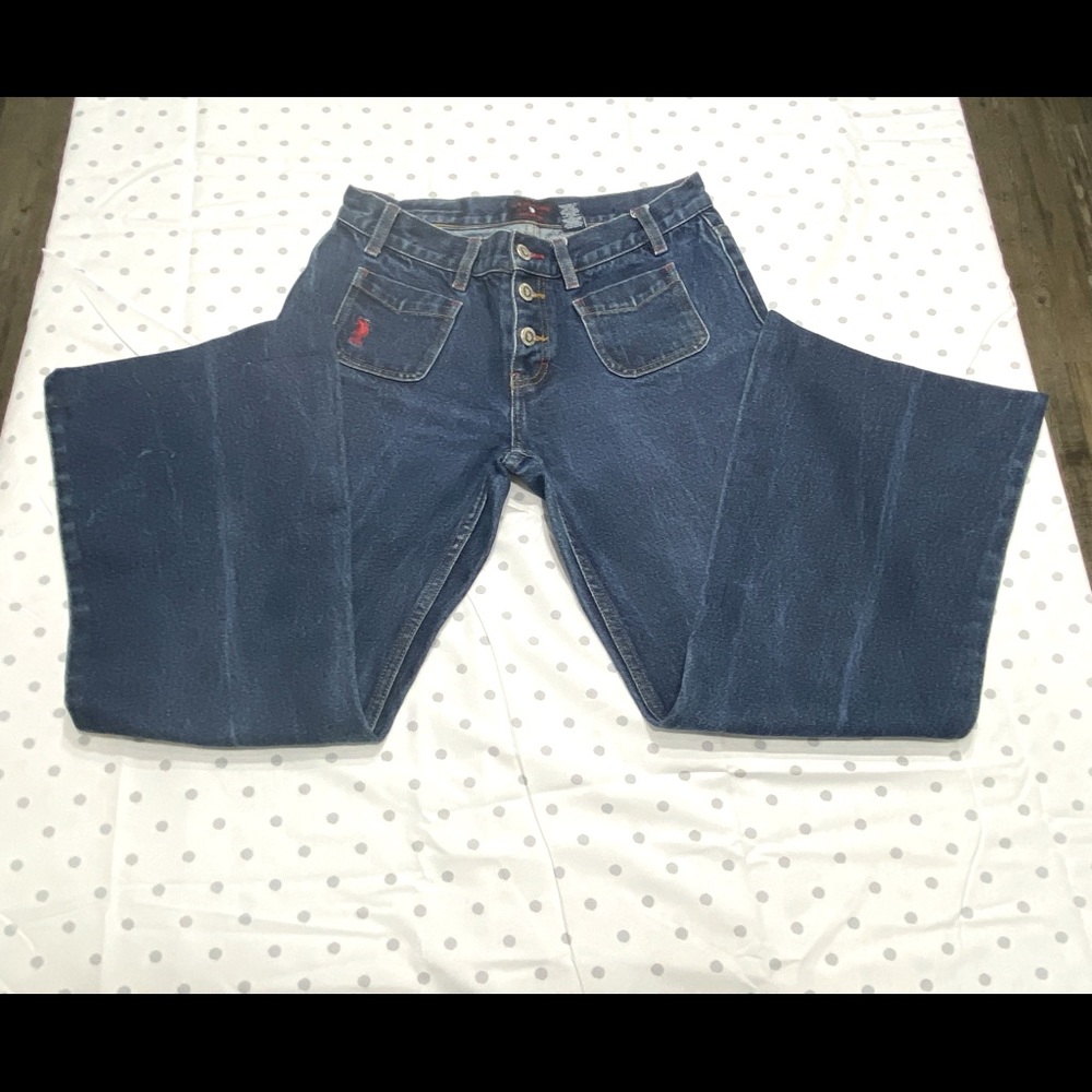 US Polo Assn Womens SZ 7/8 Flare Distressed Dark Wash Denim‎ Jeans